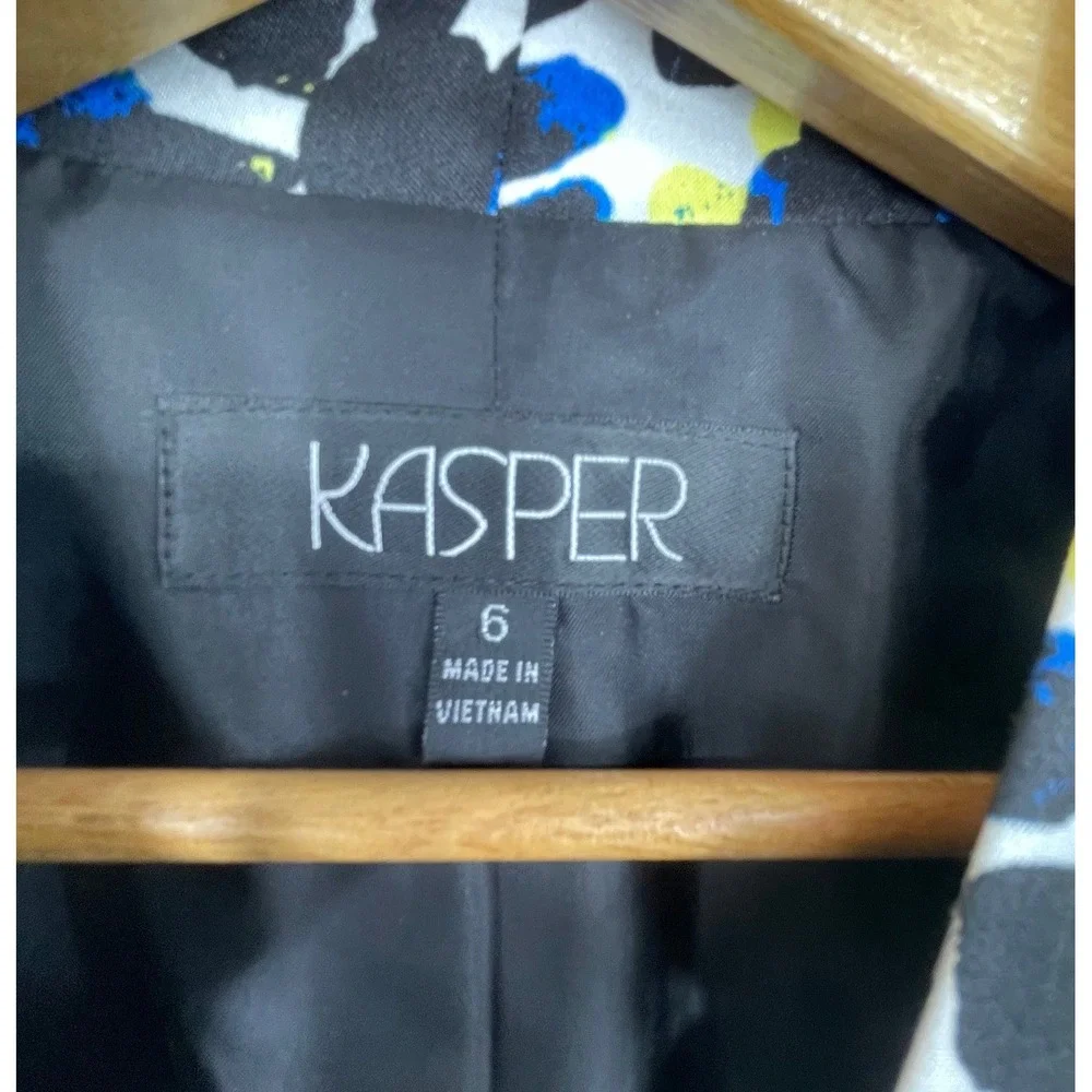 Kasper Womens Blazer 6 Open Front Blue Yellow Abstract Geometric Print